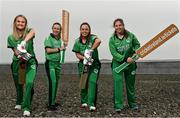 28 April 2022; Ireland cricketers, from left, Gaby Lewis, Celeste Raack, Ireland captain Laura Delany, and Cara Murray, during the Ireland’s International Cricket Season Launch at HBV Studios in Dublin. Photo by Sam Barnes/Sportsfile