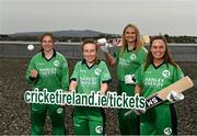 28 April 2022; Ireland cricketers, from left, Cara Murray, Celeste Raack, Gaby Lewis and Ireland captain Laura Delany during the Ireland’s International Cricket Season Launch at HBV Studios in Dublin. Photo by Sam Barnes/Sportsfile