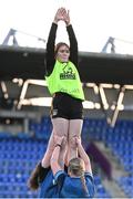 27 April 2022; Katelynn Doran is lifted during lineout drills at a Leinster Rugby women's squad training session at Energia Park in Dublin. Photo by Brendan Moran/Sportsfile