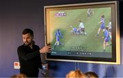 27 April 2022;  IRFU referee development manager Sean Gallagher gives a presentation to players during a Leinster Rugby women's squad workshop at Energia Park in Dublin. Photo by Brendan Moran/Sportsfile