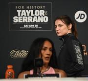 28 April 2022; Katie Taylor, right, and Amanda Serrano during a media conference, held at the Hulu Theatre at Madison Square Garden, ahead of their undisputed lightweight championship fight, on Saturday night at Madison Square Garden in New York, USA. Photo by Stephen McCarthy/Sportsfile