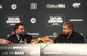 28 April 2022; Promoters Eddie Hearn, left, and Jake Paul shake hands on a bet durinG a media conference, held at the Hulu Theatre at Madison Square Garden, ahead of the undisputed lightweight championship fight between Katie Taylor and Amanda Serrano, on Saturday night at Madison Square Garden in New York, USA. Photo by Stephen McCarthy/Sportsfile