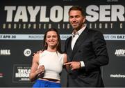 28 April 2022; Skye Nicolson, with promoter Eddie Hearn, during a media conference, held at the Hulu Theatre at Madison Square Garden, ahead of her featherweight bout against Shanecqua Paisley Davis on Saturday night at Madison Square Garden in New York, USA. Photo by Stephen McCarthy/Sportsfile