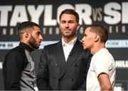 28 April 2022; Galal Yafai, left, and Miguel Cartagena, with promoter Eddie Hearn during a media conference, held at the Hulu Theatre at Madison Square Garden, ahead of their WBC international flyweight title fight on Saturday night at Madison Square Garden in New York, USA. Photo by Stephen McCarthy/Sportsfile