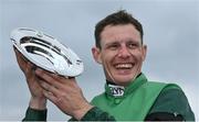 28 April 2022; Jockey Paul Townend with the trophy after winning the Barberstown Castle Novice Steeplechase on Blue Lord during day three of the Punchestown Festival at Punchestown Racecourse in Kildare. Photo by Seb Daly/Sportsfile