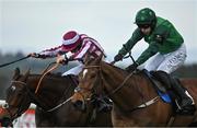 28 April 2022; Blue Lord, right, with Paul Townend up, on their way to winning the Barberstown Castle Novice Steeplechase, from second place Coeur Sublime, left, with Rachael Blackmore up, during day three of the Punchestown Festival at Punchestown Racecourse in Kildare. Photo by Seb Daly/Sportsfile