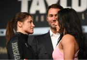 28 April 2022; Katie Taylor and Amanda Serrano face-off during a media conference, held at the Hulu Theatre at Madison Square Garden, ahead of their undisputed lightweight championship fight, on Saturday night at Madison Square Garden in New York, USA. Photo by Stephen McCarthy/Sportsfile