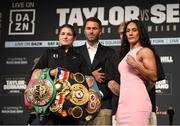 28 April 2022; Katie Taylor and Amanda Serrano face-off during a media conference, held at the Hulu Theatre at Madison Square Garden, ahead of their undisputed lightweight championship fight, on Saturday night at Madison Square Garden in New York, USA. Photo by Stephen McCarthy/Sportsfile