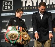 28 April 2022; Katie Taylor and promoter Eddie Hearn during a media conference, held at the Hulu Theatre at Madison Square Garden, ahead of her undisputed lightweight championship fight with Amanda Serrano, on Saturday night at Madison Square Garden in New York, USA. Photo by Stephen McCarthy/Sportsfile