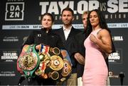 28 April 2022; Katie Taylor, left, and Amanda Serrano face-off during a media conference, held at the Hulu Theatre at Madison Square Garden, ahead of their undisputed lightweight championship fight, on Saturday night at Madison Square Garden in New York, USA. Photo by Stephen McCarthy/Sportsfile