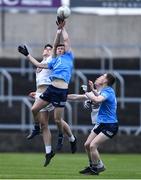 28 April 2022; Adam Waddick of Dublin and Brendan Gibbons of Kildare contest the throw-in during the EirGrid Leinster GAA Football U20 Championship Final match between Dublin and Kildare at MW Hire O'Moore Park in Portlaoise, Laois. Photo by Ben McShane/Sportsfile