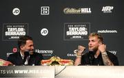 28 April 2022; Promoters Jake Paul, right, and Eddie Hearn during a media conference, held at the Hulu Theatre at Madison Square Garden, ahead of the undisputed lightweight championship fight between Katie Taylor and Amanda Serrano, on Saturday night at Madison Square Garden in New York, USA. Photo by Stephen McCarthy/Sportsfile