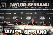 28 April 2022; Promoters Jake Paul and Eddie Hearn, left, with boxers Katie Taylor, left, and Amanda Serrano face-off during a media conference, held at the Hulu Theatre at Madison Square Garden, ahead of their undisputed lightweight championship fight, on Saturday night at Madison Square Garden in New York, USA. Photo by Stephen McCarthy/Sportsfile