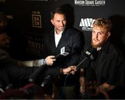 28 April 2022; Promoters Jake Paul and Eddie Hearn, left, during a media conference, held at the Hulu Theatre at Madison Square Garden, ahead of the undisputed lightweight championship fight between Katie Taylor and Amanda Serrano, on Saturday night at Madison Square Garden in New York, USA. Photo by Stephen McCarthy/Sportsfile