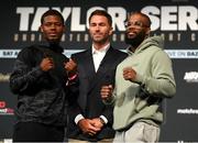28 April 2022; Austin Williams, left, and Chordale Booker with promoter Eddie Hearn, during a media conference, held at the Hulu Theatre at Madison Square Garden, ahead of their vacant WBA continental americas middleweight title bout on Saturday night at Madison Square Garden in New York, USA. Photo by Stephen McCarthy/Sportsfile