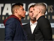 28 April 2022; Jessie Vargas, left, and Liam Smith with promoter Eddie Hearn during a media conference, held at the Hulu Theatre at Madison Square Garden, ahead of their super welterweight bout on Saturday night at Madison Square Garden in New York, USA. Photo by Stephen McCarthy/Sportsfile
