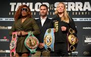 28 April 2022; Franchon Crews Dezurn, left, and Elin Cederroos, with promoter Eddie Hearn during a media conference, held at the Hulu Theatre at Madison Square Garden, ahead of their undisputed super middleweight championship fight on Saturday night at Madison Square Garden in New York, USA. Photo by Stephen McCarthy/Sportsfile