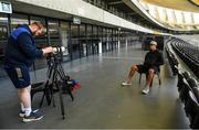 29 April 2022; Former Leinster player Zane Kirchner speaks with videographer Robert Maguire during a Leinster Rugby Captain's Run at the DHL Stadium in Cape Town, South Africa. Photo by Harry Murphy/Sportsfile