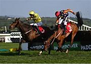 29 April 2022; Billaway, with Patrick Mullins up, left, jumps the last alongside Vaucelet, with Barry O'Neill, who almost fell, on their way to winning the Irish Daily Star Champion Hunters Steeplechase during day four of the Punchestown Festival at Punchestown Racecourse in Kildare. Photo by David Fitzgerald/Sportsfile