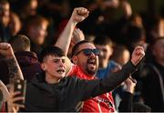 29 April 2022; Derry City supporters celebrate their side's first goal during the SSE Airtricity League Premier Division match between St Patrick's Athletic and Derry City at Richmond Park in Dublin. Photo by Seb Daly/Sportsfile
