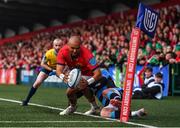 29 April 2022; Simon Zebo of Munster is tackled into touch by Owen Lane of Cardiff Blues before scoring a try which was subsequently disallowed by a TMO review during the United Rugby Championship match between Munster and Cardiff at Musgrave Park in Cork. Photo by Brendan Moran/Sportsfile