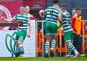29 April 2022; Andy Lyons of Shamrock Rovers celebrates scoring his side's first goal during the SSE Airtricity League Premier Division match between Sligo Rovers and Shamrock Rovers at The Showgrounds in Sligo. Photo by Piaras Ó Mídheach/Sportsfile
