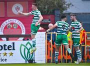 29 April 2022; Andy Lyons of Shamrock Rovers celebrates scoring his side's first goal during the SSE Airtricity League Premier Division match between Sligo Rovers and Shamrock Rovers at The Showgrounds in Sligo. Photo by Piaras Ó Mídheach/Sportsfile