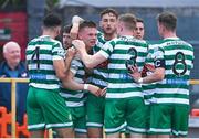 29 April 2022; Andy Lyons of Shamrock Rovers, third from left, celebrates with teammates after scoring his side's first goal during the SSE Airtricity League Premier Division match between Sligo Rovers and Shamrock Rovers at The Showgrounds in Sligo. Photo by Piaras Ó Mídheach/Sportsfile