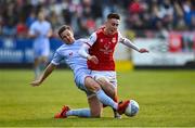29 April 2022; Darragh Burns of St Patrick's Athletic is tackled by Patrick McEleney of Derry City during the SSE Airtricity League Premier Division match between St Patrick's Athletic and Derry City at Richmond Park in Dublin. Photo by Seb Daly/Sportsfile