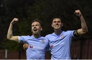 29 April 2022; Cameron Dummigan of Derry City, left, celebrates with teammate Eoin Toal after scoring their side's fourth goal during the SSE Airtricity League Premier Division match between St Patrick's Athletic and Derry City at Richmond Park in Dublin. Photo by Seb Daly/Sportsfile