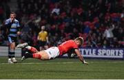 29 April 2022; Craig Casey of Munster scores his side's fourth try during the United Rugby Championship match between Munster and Cardiff at Musgrave Park in Cork. Photo by Sam Barnes/Sportsfile