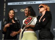 29 April 2022; Boxer Claressa Shields with WWE wrestlers Bianca Belair, left, and Becky Lynch, right, during the weigh-ins, held at Hulu Theatre at Madison Square Garden, ahead of the undisputed lightweight championship fight between Katie Taylor and Amanda Serrano, on Saturday night at Madison Square Garden in New York, USA. Photo by Stephen McCarthy/Sportsfile