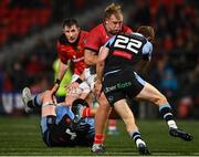 29 April 2022; Keynan Knox of Munster in action against Rhys Priestland of Cardiff Blues during the United Rugby Championship match between Munster and Cardiff at Musgrave Park in Cork. Photo by Sam Barnes/Sportsfile