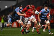 29 April 2022; Thomas Ahern of Munster in action against Seb Davies of Cardiff Blues during the United Rugby Championship match between Munster and Cardiff at Musgrave Park in Cork. Photo by Sam Barnes/Sportsfile