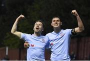 29 April 2022; Cameron Dummigan of Derry City, left, celebrates with teammate Eoin Toal after scoring their side's fourth goal during the SSE Airtricity League Premier Division match between St Patrick's Athletic and Derry City at Richmond Park in Dublin. Photo by Seb Daly/Sportsfile