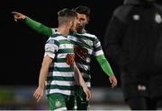 29 April 2022; Shamrock Rovers players Danny Mandroiu, right, and Jack Byrne in conversation after the drawn SSE Airtricity League Premier Division match between Sligo Rovers and Shamrock Rovers at The Showgrounds in Sligo. Photo by Piaras Ó Mídheach/Sportsfile