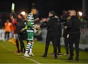 29 April 2022; Graham Burke of Shamrock Rovers in conversation with his manager Stephen Bradley, being coming on as a substitute, during the SSE Airtricity League Premier Division match between Sligo Rovers and Shamrock Rovers at The Showgrounds in Sligo. Photo by Piaras Ó Mídheach/Sportsfile
