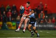29 April 2022; Calvin Nash of Munster is tackled by Theo Cabango of Cardiff Blues during the United Rugby Championship match between Munster and Cardiff at Musgrave Park in Cork. Photo by Sam Barnes/Sportsfile