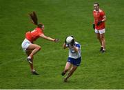 30 April 2022; Rosemary Courtney of Monaghan in action against Blaithin Mackin of Armagh during the Ulster Ladies Senior Football Championship Semi-Final match between Monaghan and Armagh at St Tiernach’s Park in Clones, Monaghan. Photo by David Fitzgerald/Sportsfile