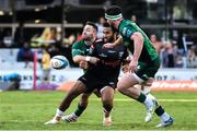 30 April 2022; Jaden Hendrikse of the Cell C Sharks tackled by Caolin Blade of Connacht during the United Rugby Championship match between Cell C Sharks and Connacht at Hollywoodbets Kings Park Stadium in Durban, South Africa. Photo by Darren Stewart/Sportsfile