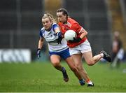 30 April 2022; Aoife McCoy of Armagh in action against Eimear Treanor of Monaghan during the Ulster Ladies Senior Football Championship Semi-Final match between Monaghan and Armagh at St Tiernach’s Park in Clones, Monaghan. Photo by David Fitzgerald/Sportsfile