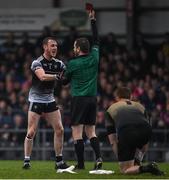 30 April 2022; David Philips of Sligo reacts after being shown a red card by referee Noel Mooney during the Connacht GAA Football Senior Championship Semi-Final match between Roscommon and Sligo at Markievicz Park in Sligo. Photo by Brendan Moran/Sportsfile