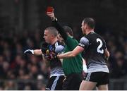 30 April 2022; David Philips of Sligo reacts after being shown a red card by referee Noel Mooney during the Connacht GAA Football Senior Championship Semi-Final match between Roscommon and Sligo at Markievicz Park in Sligo. Photo by Brendan Moran/Sportsfile