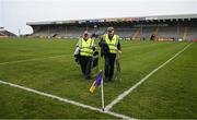 30 April 2022; 'Maors' Pat Hanrahan, left, and Tom Codd, both members of the Duffry Rovers GAA Club, carry their chairs to their posts ahead of the Leinster GAA Football Senior Championship Quarter-Final match between Wexford and Dublin at Chadwicks Wexford Park in Wexford. Photo by Ray McManus/Sportsfile