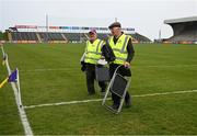 30 April 2022; 'Maors' Pat Hanrahan, left, and Tom Codd, both members of the Duffry Rovers GAA Club, carry their chairs to their posts ahead of the Leinster GAA Football Senior Championship Quarter-Final match between Wexford and Dublin at Chadwicks Wexford Park in Wexford. Photo by Ray McManus/Sportsfile