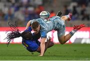 30 April 2022; Seabelo Senatla of DHL Stormers is tackled by Rob Russell of Leinster during the United Rugby Championship match between DHL Stormers and Leinster at the DHL Stadium in Cape Town, South Africa. Photo by Harry Murphy/Sportsfile