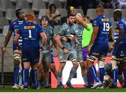 30 April 2022; John McKee of Leinster is shown a yellow card by referee Craig Evans during the United Rugby Championship match between DHL Stormers and Leinster at the DHL Stadium in Cape Town, South Africa. Photo by Harry Murphy/Sportsfile