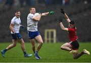 30 April 2022; Kieran Hughes of Monaghan in action against Kieran Duffy of Monaghan during the Ulster GAA Football Senior Championship Quarter-Final match between Monaghan and Down at St Tiernach’s Park in Clones, Monaghan. Photo by David Fitzgerald/Sportsfile