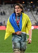 30 April 2022; Alex Soroka of Leinster wears a Ukranian flag after the United Rugby Championship match between DHL Stormers and Leinster at the DHL Stadium in Cape Town, South Africa. Photo by Harry Murphy/Sportsfile