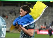 30 April 2022; Alex Soroka of Leinster wearing a Ukrainian flag after the United Rugby Championship match between DHL Stormers and Leinster at the DHL Stadium in Cape Town, South Africa. Photo by Harry Murphy/Sportsfile